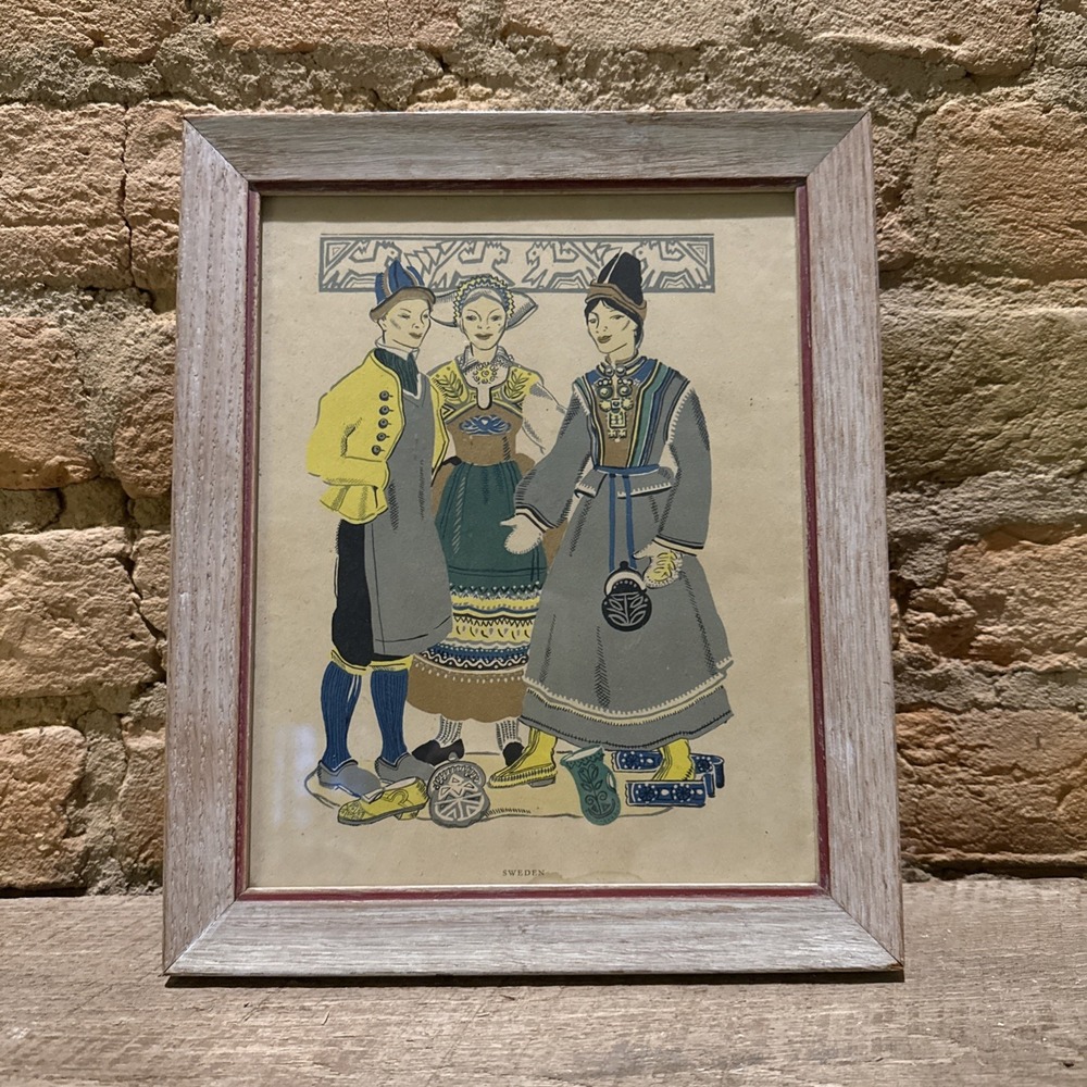 Vintage Swedish Folk Art‎ Print Traditional Costume Framed 11.5" X 9.5"
